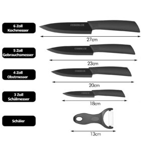 Ceramic Knife Set with Holder, Five Pieces 6"Chef Knife, 5"Utility Knife, 4"Fruit Knife, 3"Paring Knife, 1''Fruit Peeler, Rust Proof & Stain Resistant, Ceramic Kitchen Chef Knife Sharp Set (Black)