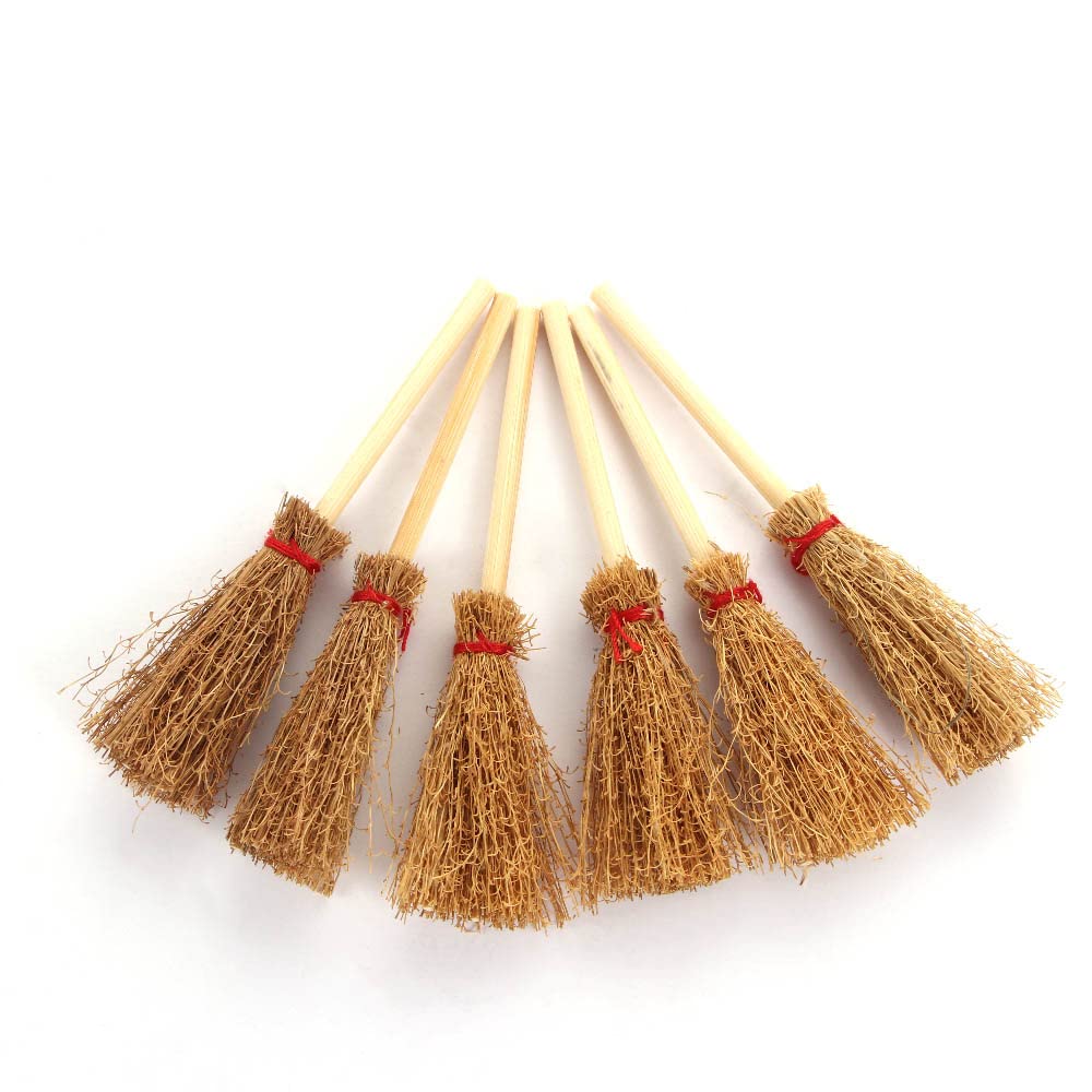 Leadigol 10 Pcs Mini Witches Prop Broom,Red Rope Broom,Funny Wooden Doll House Brooms,Straw Brooms Miniature Decorative Accessory Hangings Decorations