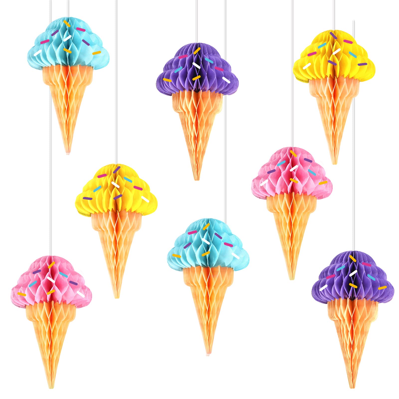 8PCS Ice Cream Honeycomb Balls Decorations Centerpieces for Tables Ice Cream Hanging Ceiling Sign Tissue Paper Ice Cream Party Supplies for Summer Theme Birthday Baby Shower Bridal Shower Party Favor