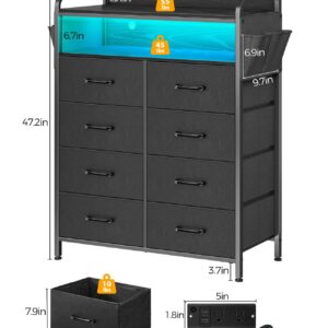 Rolanstar Dresser with Power Outlets and LED Lights, 8 Drawers Dresser with Side Pockets, Fabric Chest of Drawers with PU Finish, Tall Dresser with Sturdy Frame & Wood Top for Bedroom, Black