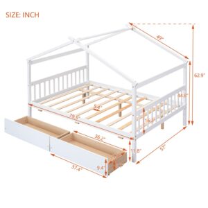 Full Size House Bed for Kids, Montessori Bed Full Size Platform Bed Frame with 2 Drawers, Headboard and Footboard, Solid Wood Full Storage Bed for Girls & Boys (Full, White)