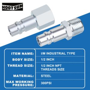 HOOTSUM 1/2’’ Air Hose Fittings Set, High Flow 1PC I/M Industrial Type Coupler with 1/2’’ FNPT, 2PCS Coupler with 1/2’’ NPT, 3PCS Steel Air Compressor Accessories Quick Connect Fittings 300PSI