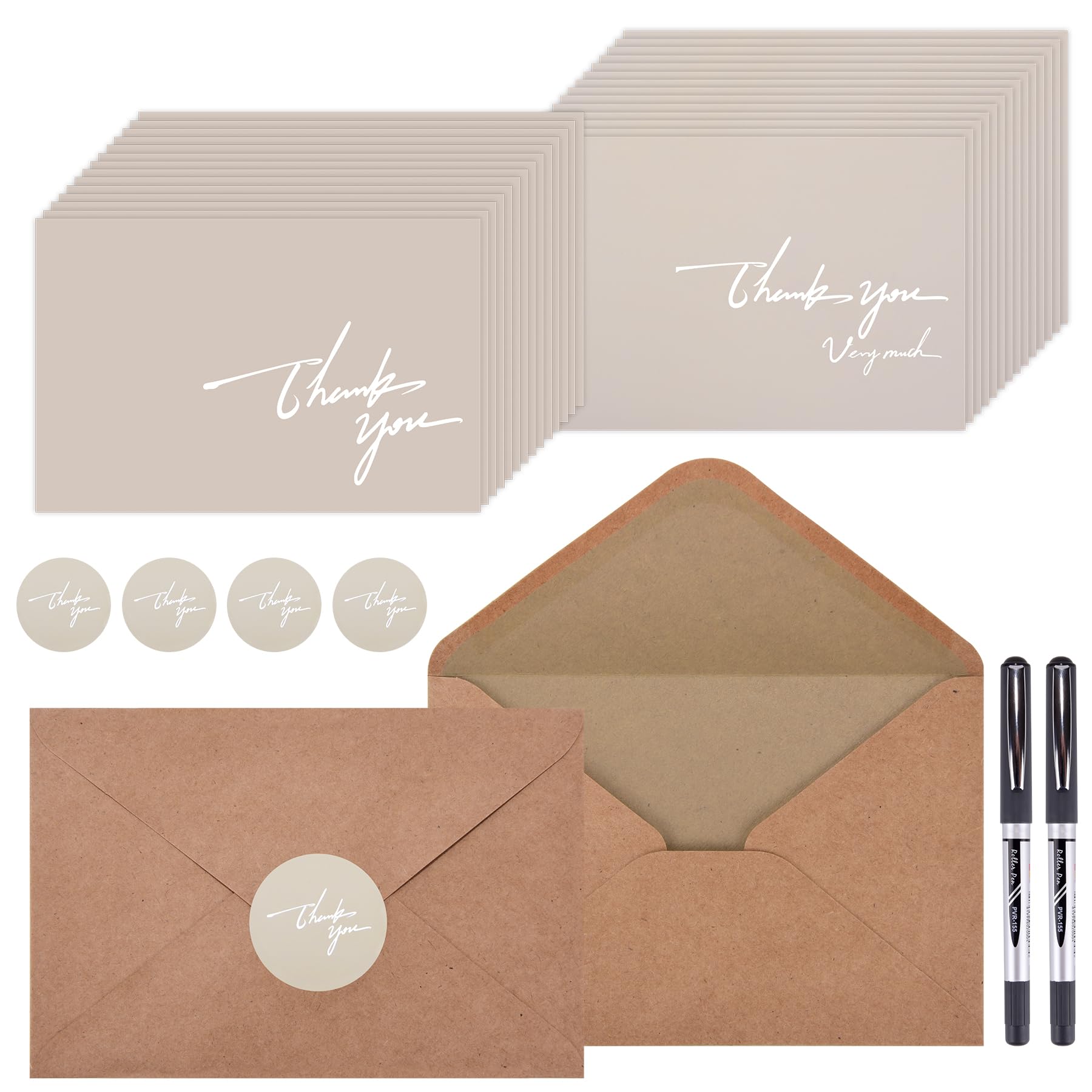 MEIRUBY Thank You Cards with Envelopes and Stickers, 100 Pieces, Khaki Color, Suitable for All Occasions