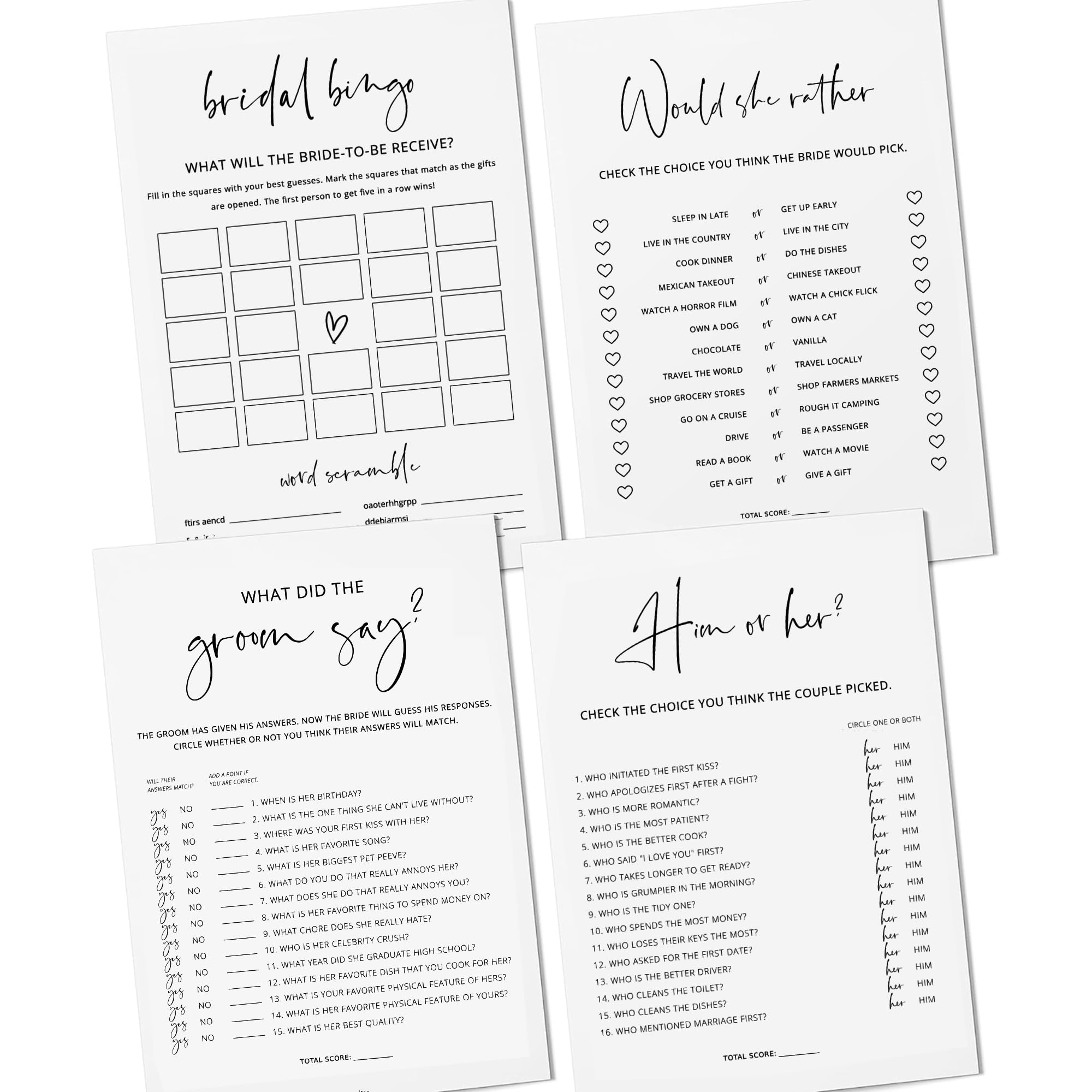 Bridal Shower Games - Set of 4 Bridal Shower Games for 30 Guests, Double-Sided Thick Cards, Minimalist (30 Pack)