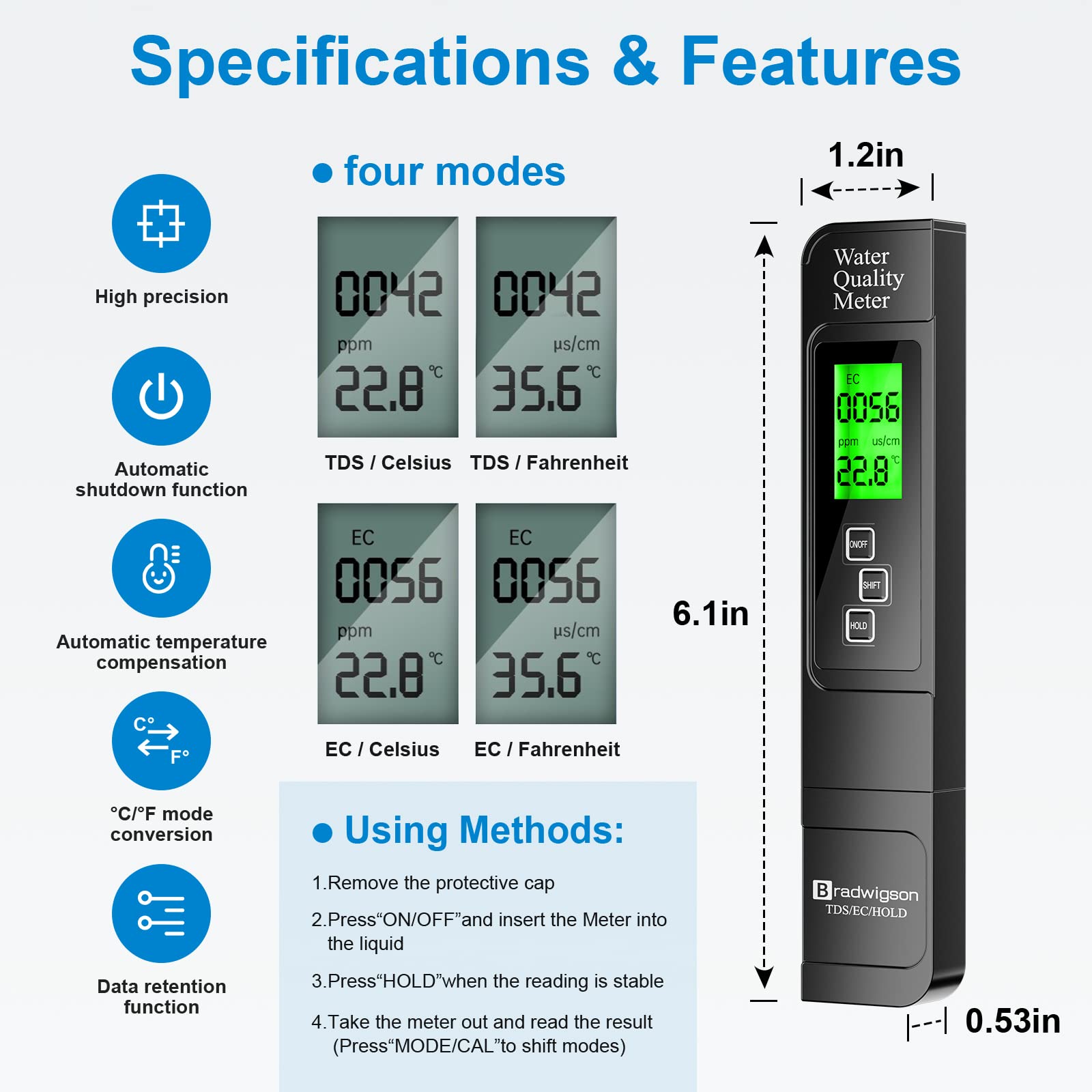 Water Quality Test Meter 4 in 1,TDS Thermometer,EC Digital Meter for Water Hydroponics,Accuracy ±2%,0-9999 ppm,LCD Backlight Display,Suitable for Domestic Water,Natatoria,Aquariums