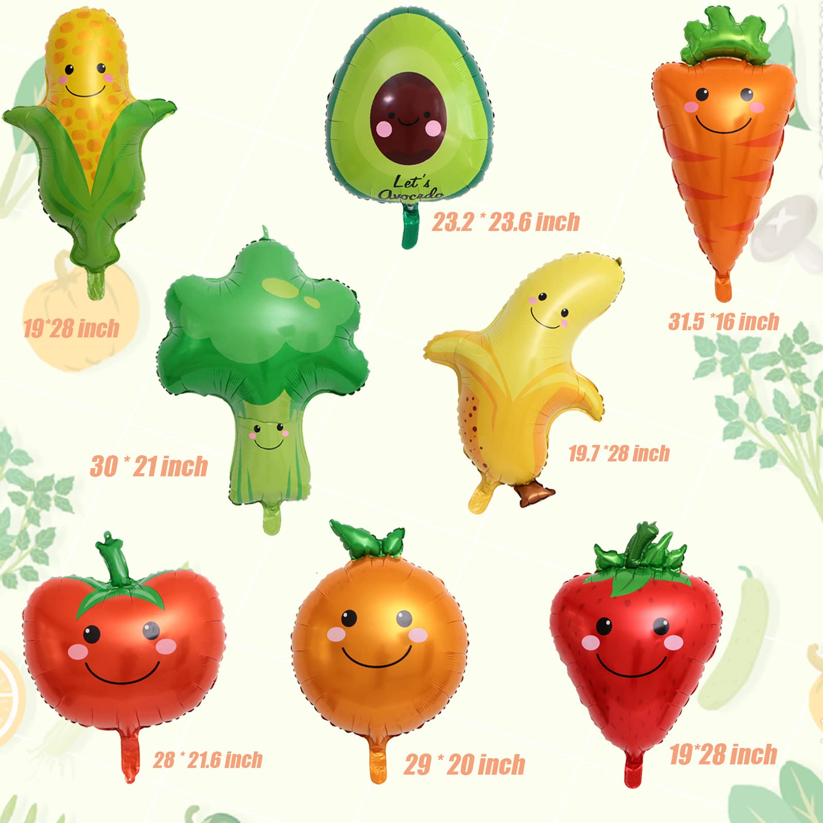 8Pcs Vegetable Fruit Foil Balloons Corn Carrot Orange Tomato Broccoli Strawberry Banana Orange Avocado Mylar Foil Balloons Party Decortions for Birthday Baby Shower