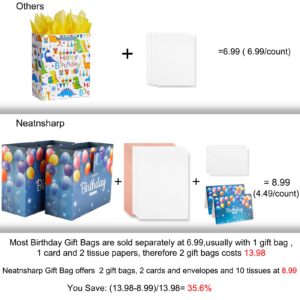 Neatnsharp 13" Large Birthday Gift Bags 2 Pack with Matching Tissue Paper, Card, Name Tag Beautiful Happy Birthday Gift Bags with Handles, Happy Birthday Present Gift Bags for Boys/Girls and All