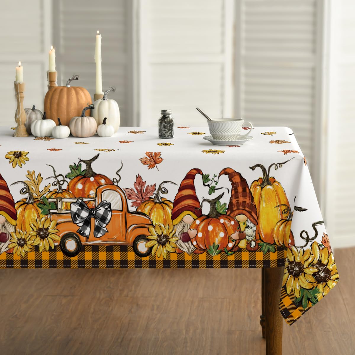 Horaldaily Fall Tablecloth 60x84 Inch Rectangular, Thanksgiving Autumn Harvest Orange Truck Gnome Pumpkin Buffalo Plaid Table Cover for Party Picnic Dinner Decor