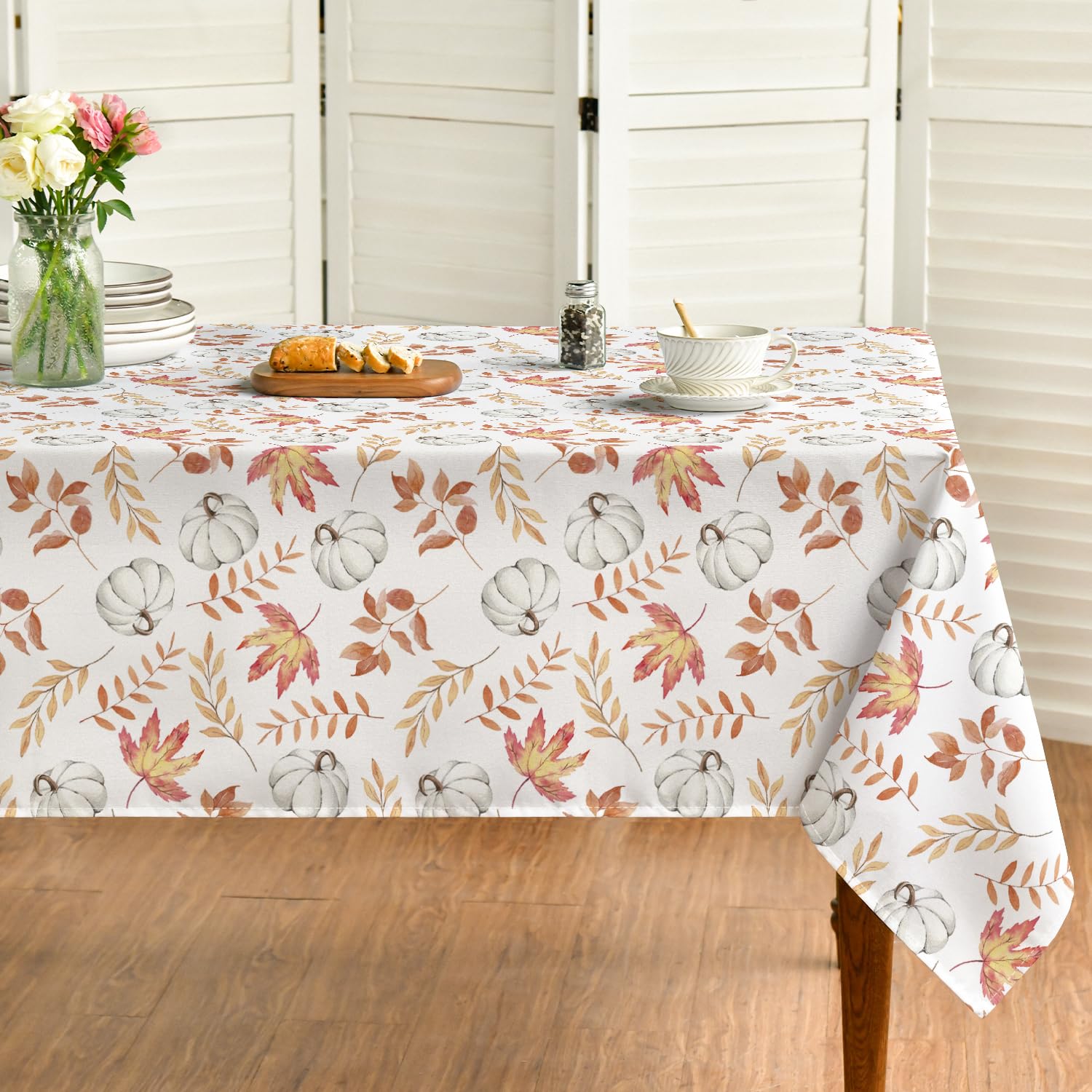 Horaldaily Fall Tablecloth 60x84 Inch, Thanksgiving Autumn Harvest White Pumpkin Orange Leaf Table Cover for Party Picnic Dinner Decor