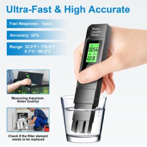 Water Quality Test Meter 4 in 1,TDS Thermometer,EC Digital Meter for Water Hydroponics,Accuracy ±2%,0-9999 ppm,LCD Backlight Display,Suitable for Domestic Water,Natatoria,Aquariums