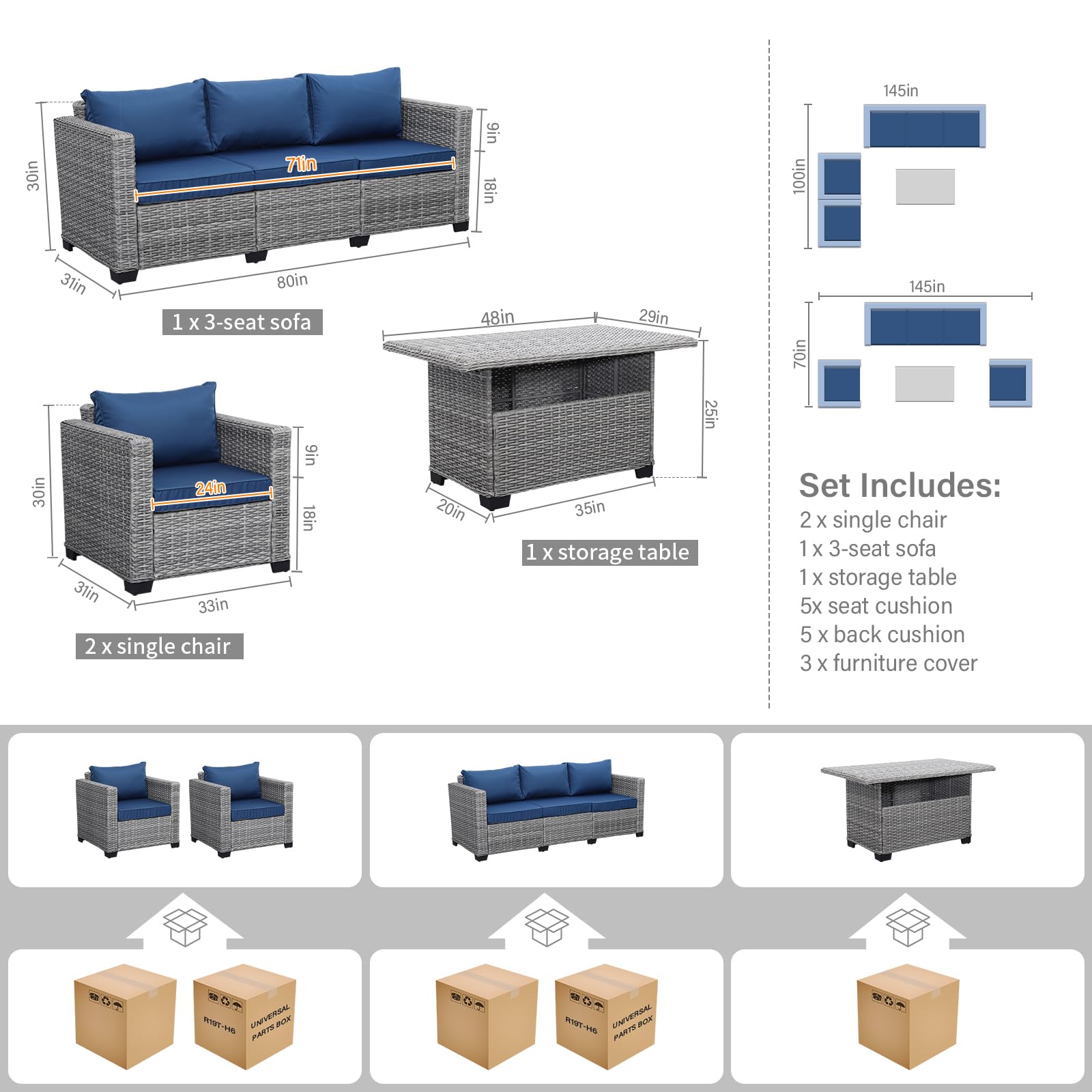 Rattaner 4 Pcs Outdoor Furniture Sets Patio Furniture Set Patio Couch Outdoor Chairs Storage Table with Anti-Slip Cushions and Waterproof Covers, Navy Blue