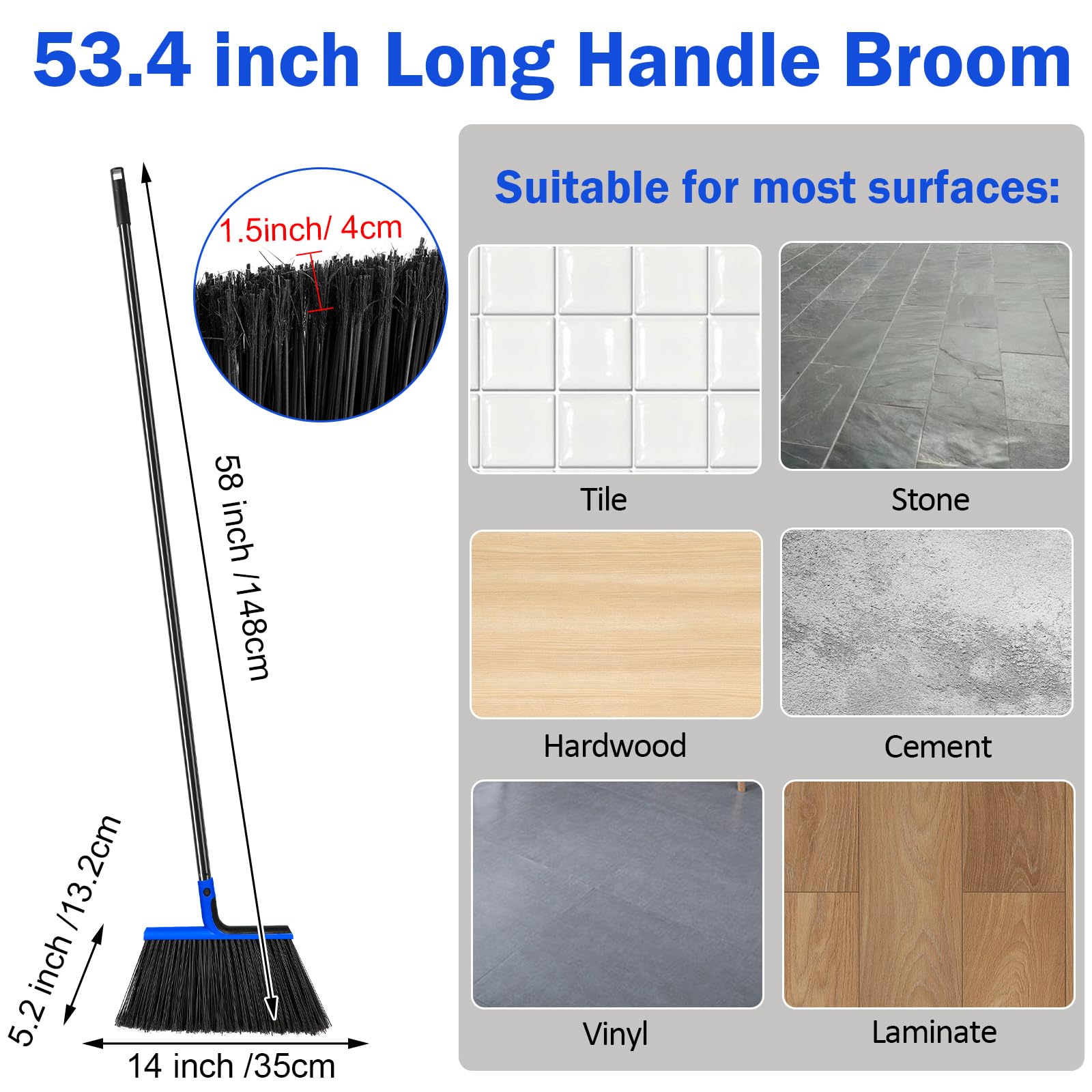 Roshtia 4 Pcs Broom Bulk Commercial Heavy Duty Broom 58 Inch Long Handle Outdoor Indoor Floor Cleaning Courtyard Home Kitchen (Blue)