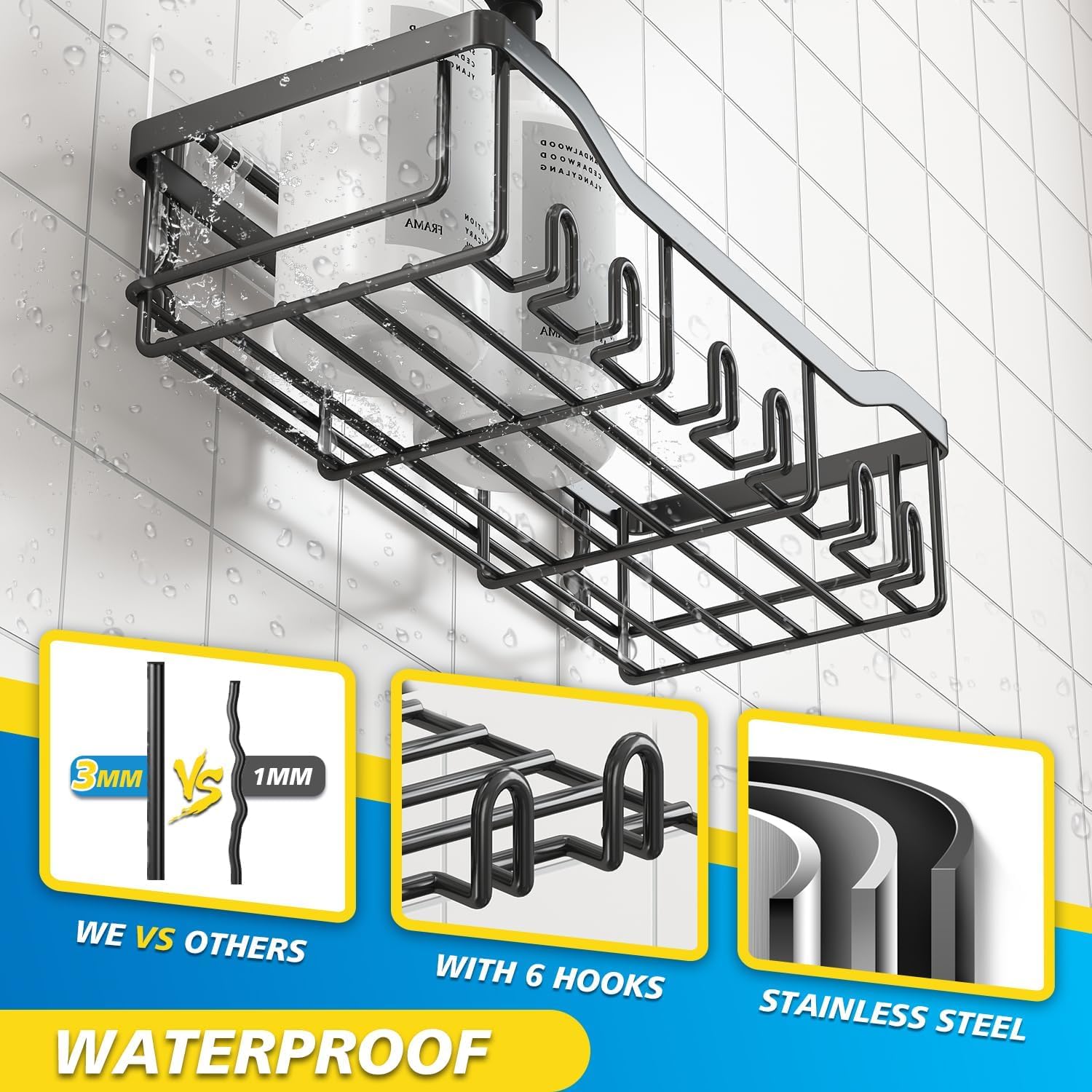 5-Pack Shower Caddy, No Drilling, Strong Adhesive Mount, Large Capacity, Rustproof Stainless Steel, Black.