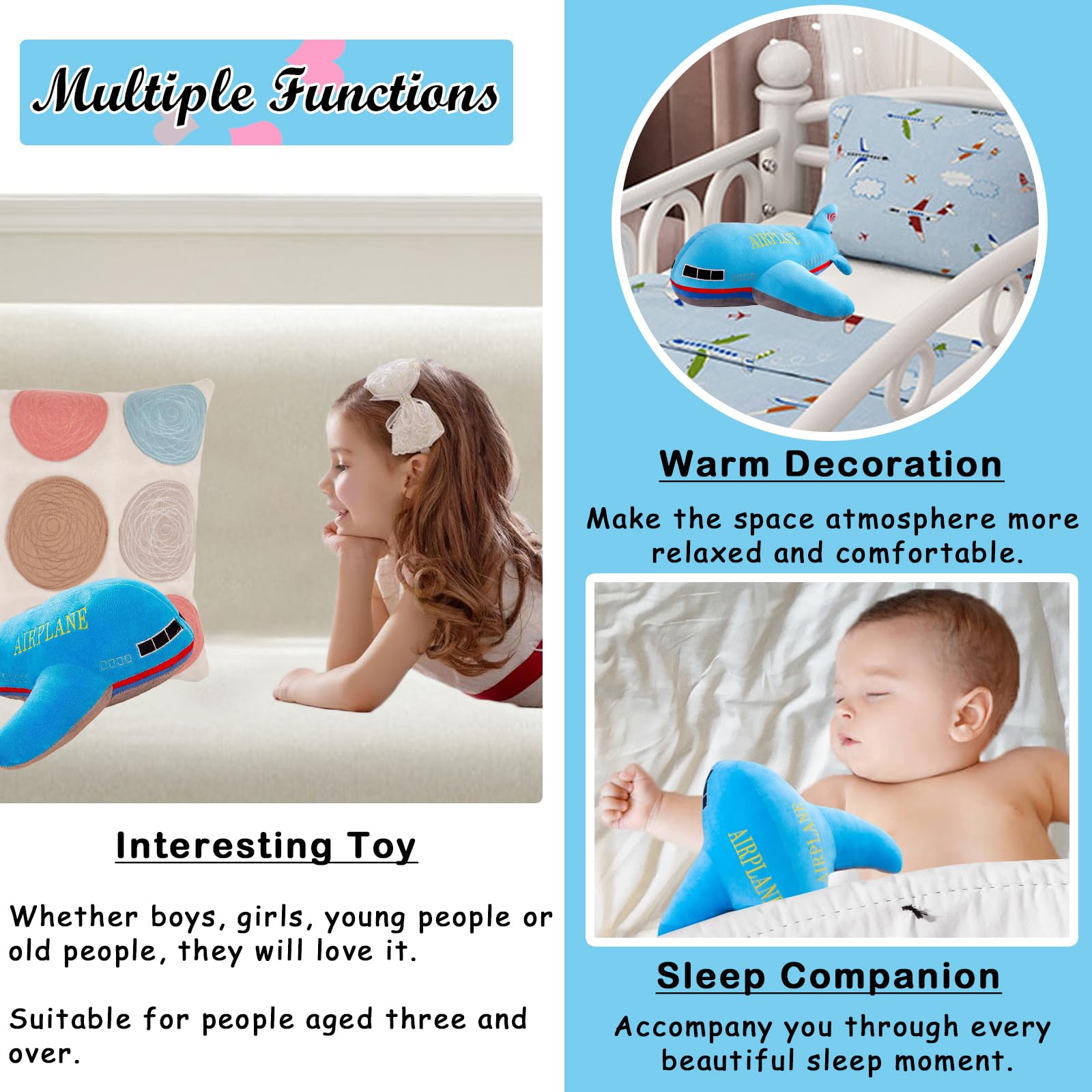 zhidiloveyou 15.7" Airplane Plush Blue Stuffed Plane Toy Aircraft Hug Pillow Gifts for Kids