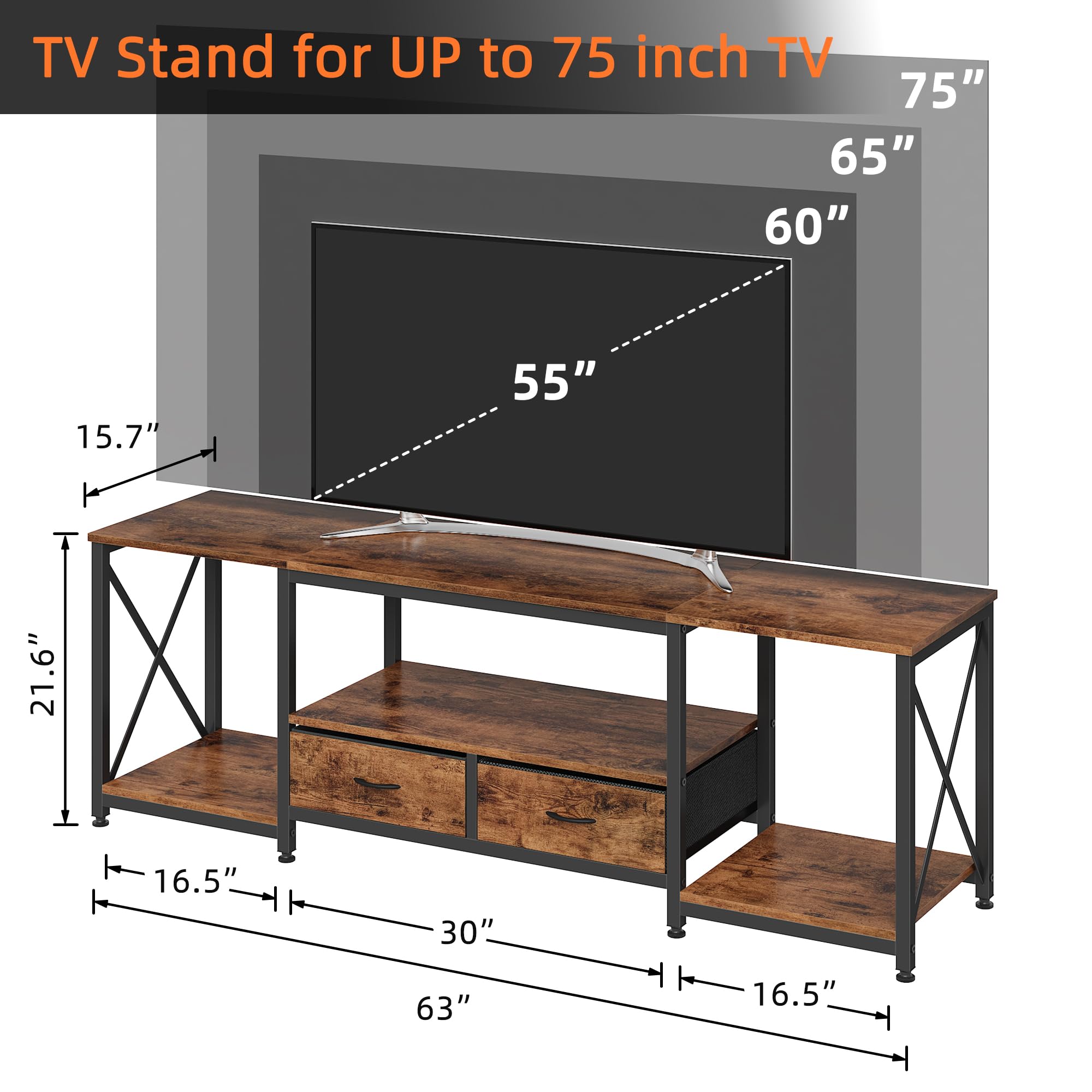 GYIIYUO TV Stand with Fabric Drawers for 65 70 75 Inches TV - Entertainment Center and Industrial TV Console Table with Open Storage Shelves for Living Room, Bedroom - 63" Rustic Brown