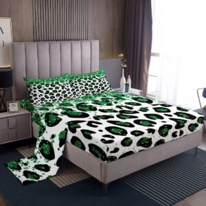 feelyou leopard bed sheet set cheetah bedding set glitter pattern fitted sheet green pastel flat sheet for kids boys girls adults (no glitter) 4pcs with 2 pillow case full size