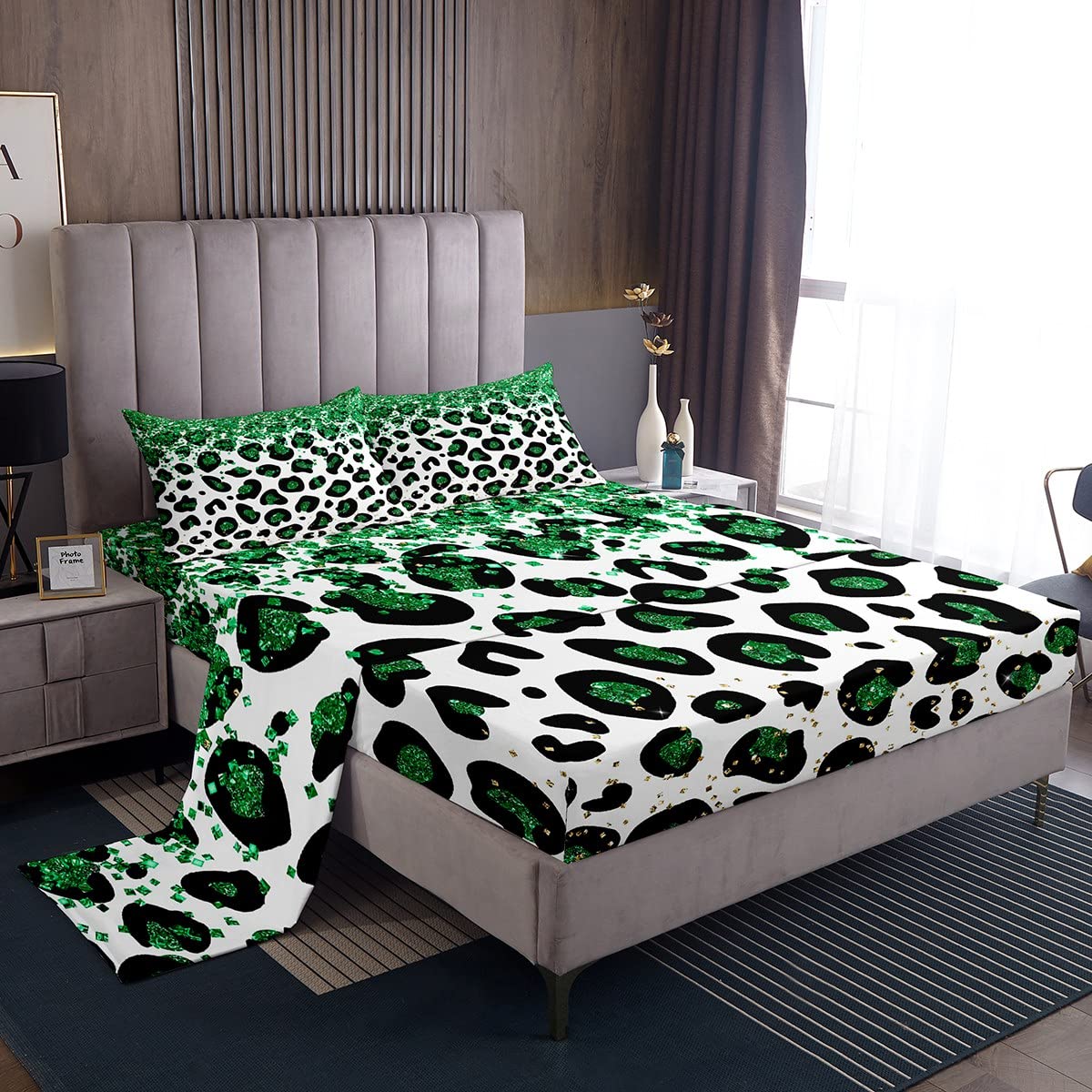 Feelyou Leopard Bed Sheet Set Cheetah Bedding Set Glitter Pattern Fitted Sheet Green Pastel Flat Sheet for Kids Boys Girls Adults (No Glitter) 4Pcs with 2 Pillow Case Full Size