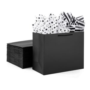 officecastle 4 pack large black gift bags, large gift bags with silver tissue paper, gift bags for small business, 14x5x10in/35x13x26 cm, black paper bags with handles