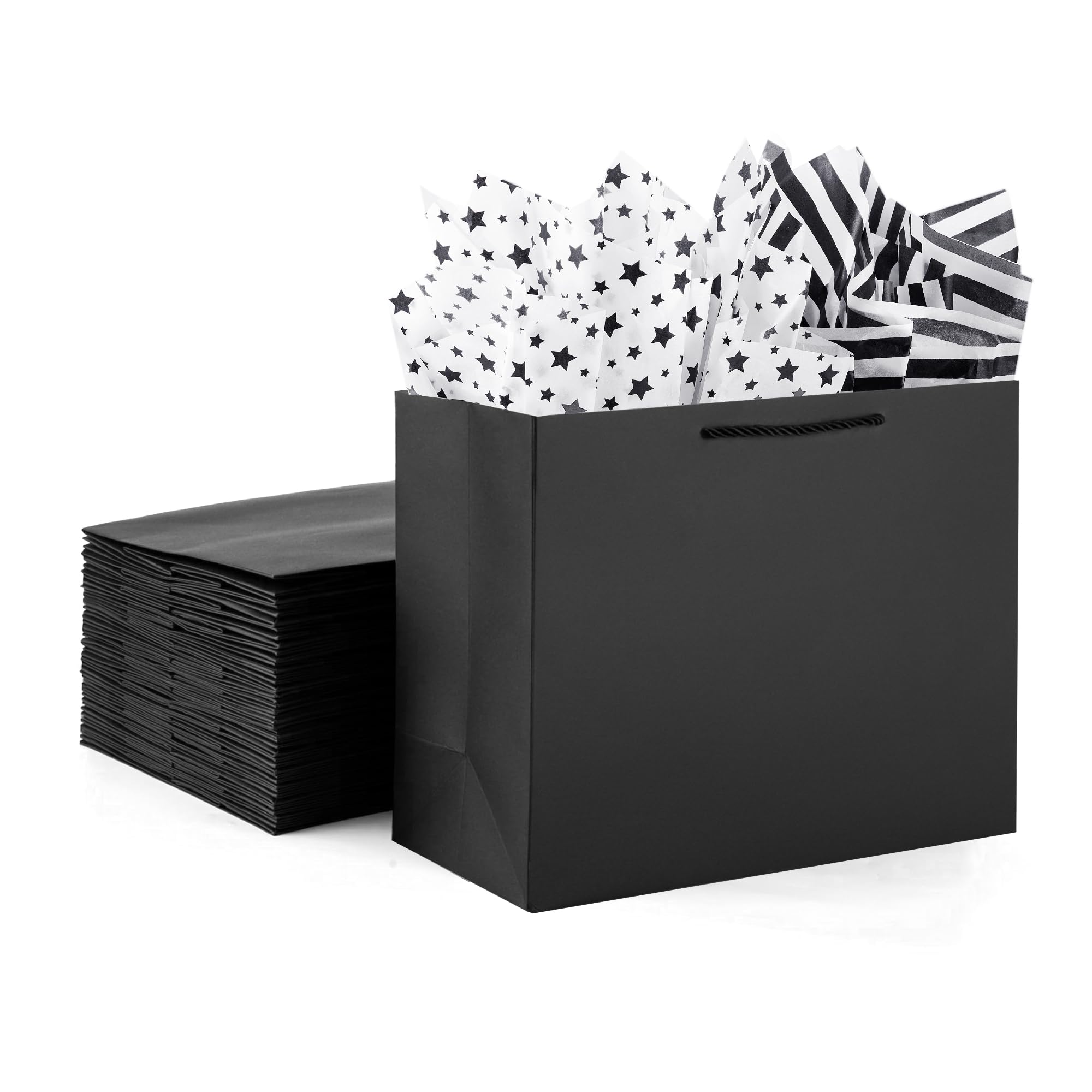 OfficeCastle 4 Pack Large Black Gift Bags, Large Gift Bags with Silver Tissue Paper, Gift Bags for Small Business, 14x5x10in/35x13x26 cm, Black Paper Bags with Handles