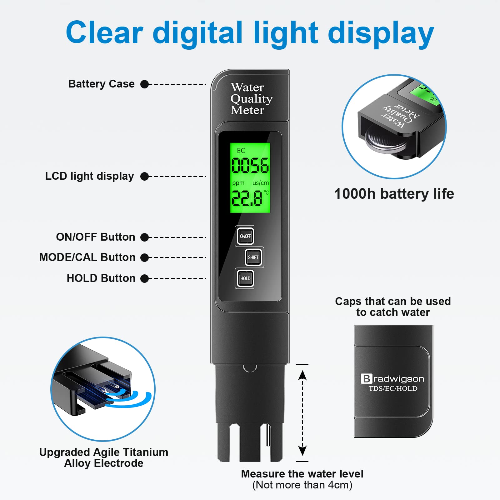 Water Quality Test Meter 4 in 1,TDS Thermometer,EC Digital Meter for Water Hydroponics,Accuracy ±2%,0-9999 ppm,LCD Backlight Display,Suitable for Domestic Water,Natatoria,Aquariums