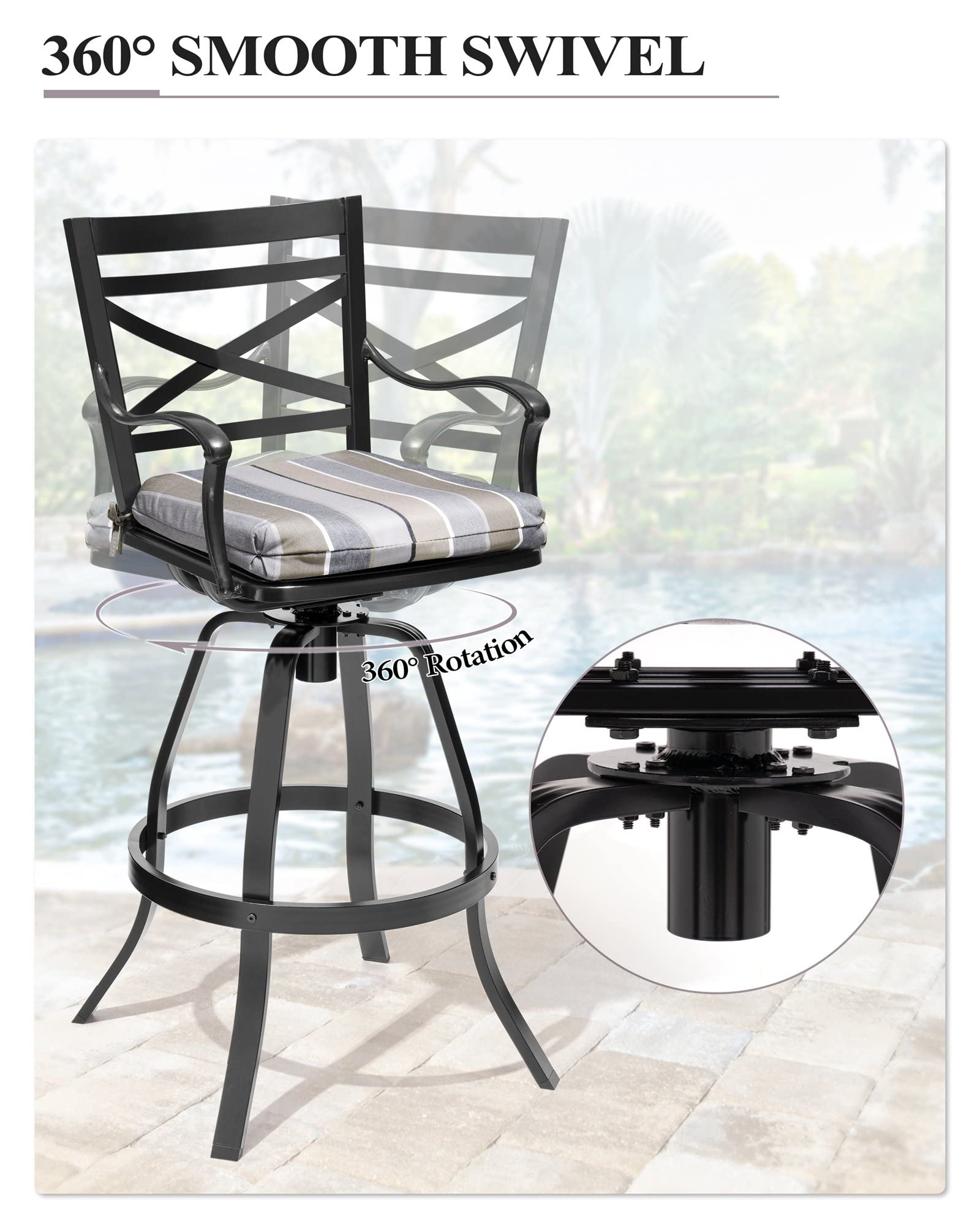 Crestlive Products Outdoor Swivel Bar Stools Set of 4, Patio Cast Aluminum Bar Stools with Sunbrella Cushion, Bar Height Chairs for Lawn, Garden, Backyard, Pool, Milano Char