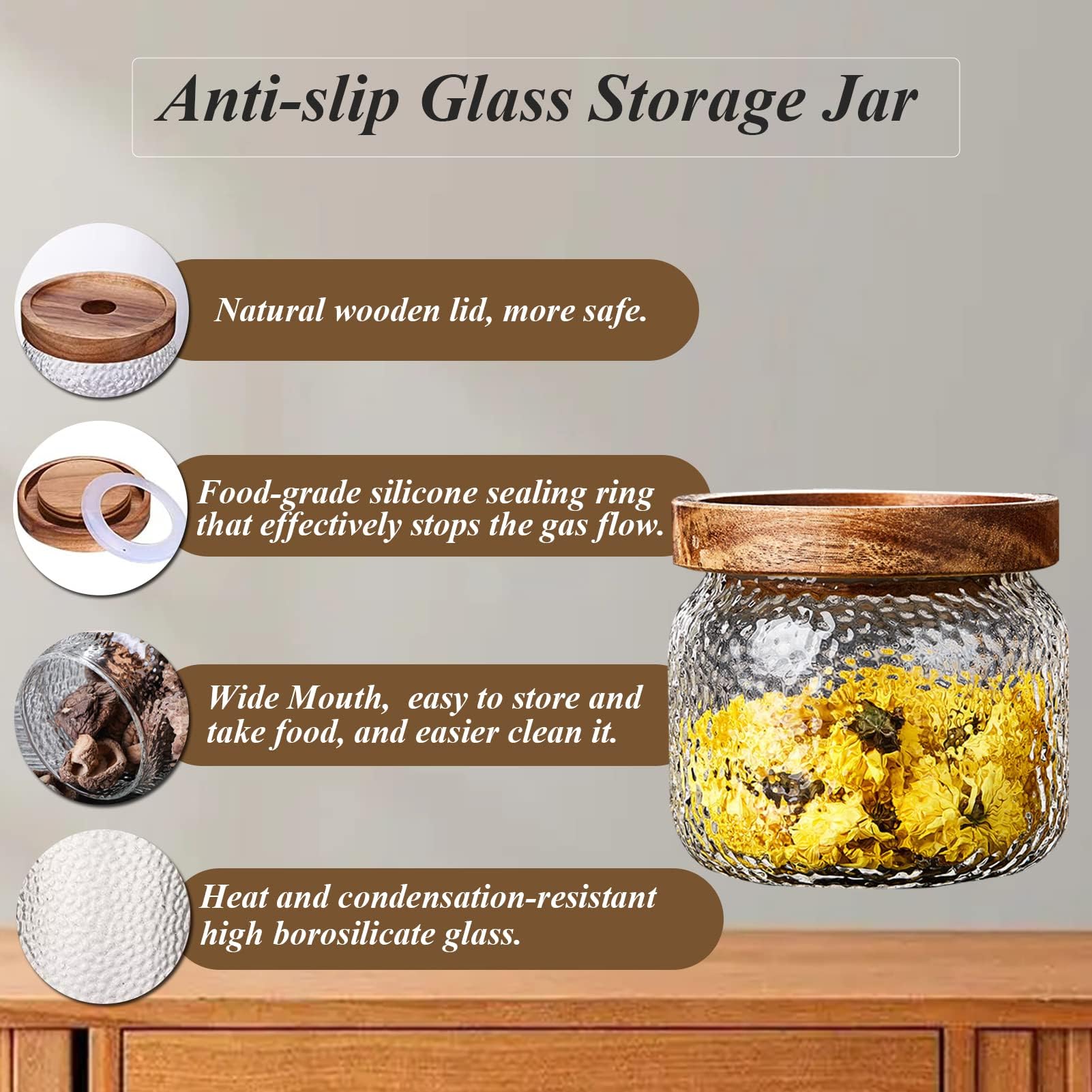 Viovian 300ML(10 OZ) Glass Jar with Bamboo Airtight Lid Glass Coffee Nuts Canister Glass Storage Jar Anti-Slip Kitchen Food Container for Sugar Coffee Bean Candy Cookie Spice Tea