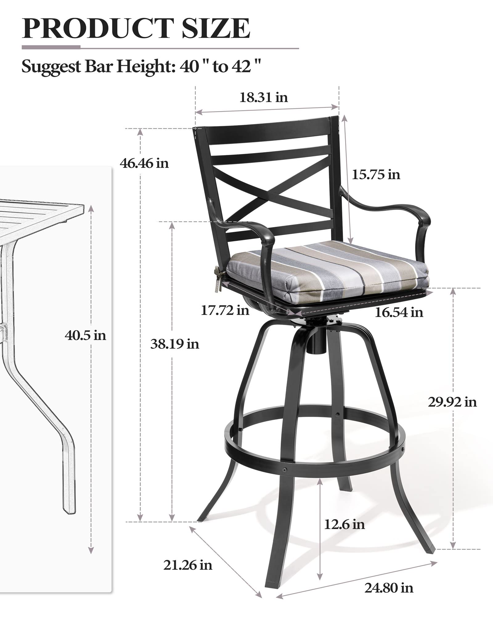 Crestlive Products Outdoor Swivel Bar Stools Set of 4, Patio Cast Aluminum Bar Stools with Sunbrella Cushion, Bar Height Chairs for Lawn, Garden, Backyard, Pool, Milano Char