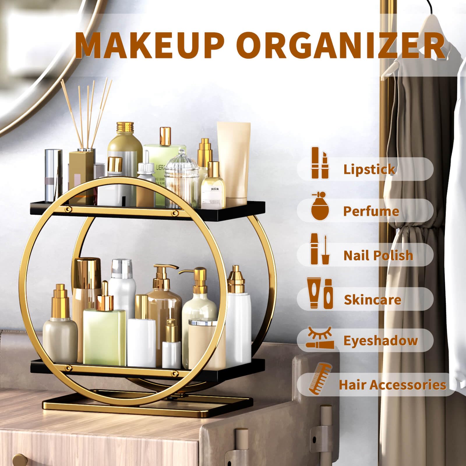 YIWANFW Makeup Organizer for Vanity, Black Gold Perfume Organizer for Dresser- 2 Tier Skincare Organizers Bathroom Countertop Organizer, Make Up Counter Shelf Perfume Holder Rack Cosmetic Display Tray