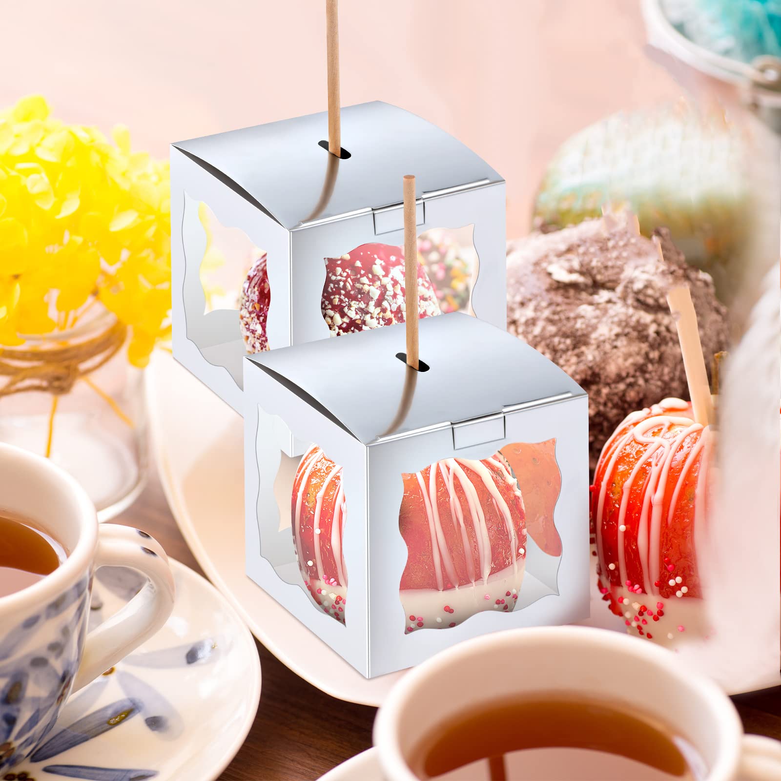 Dandat 50 Pieces 4 x 4 x 4 Inch Candy Apple Box with Hole and Stick Paper Caramel Apple Boxes Cookies Chocolate Gift Treat Boxes with Clear Windows Caramel Apple Containers for Wedding Christmas