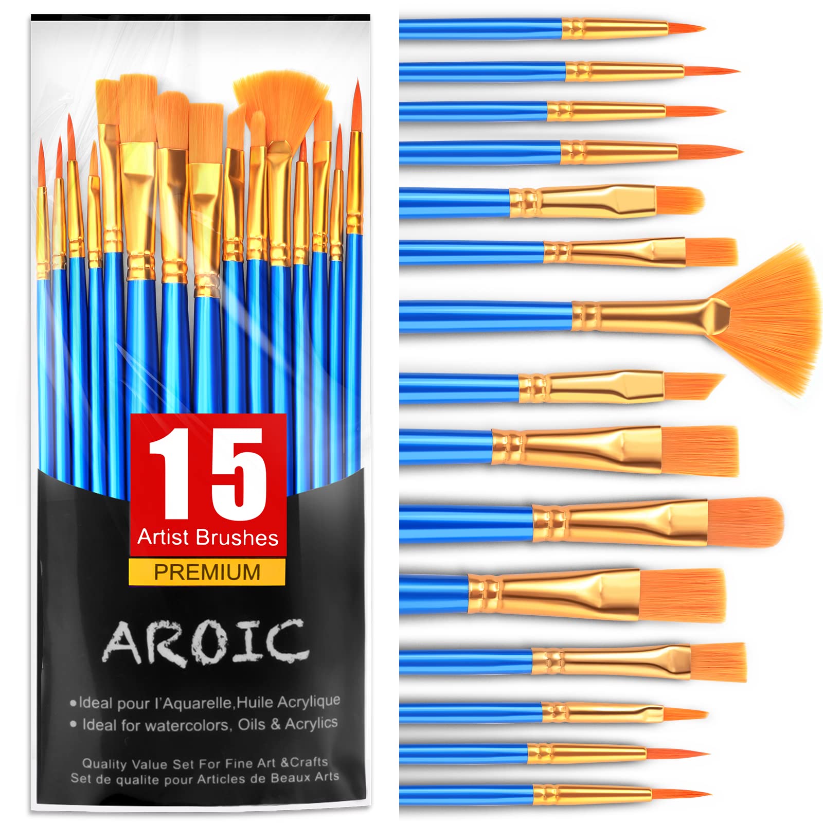 AROIC Acrylic Paint Brush Set, 15 pcs Nylon Hair Paint Brushes for All Purpose Oil Watercolor Face Body Rock Painting Artist, Small Paint Brush Kits for Kids Adult Drawing