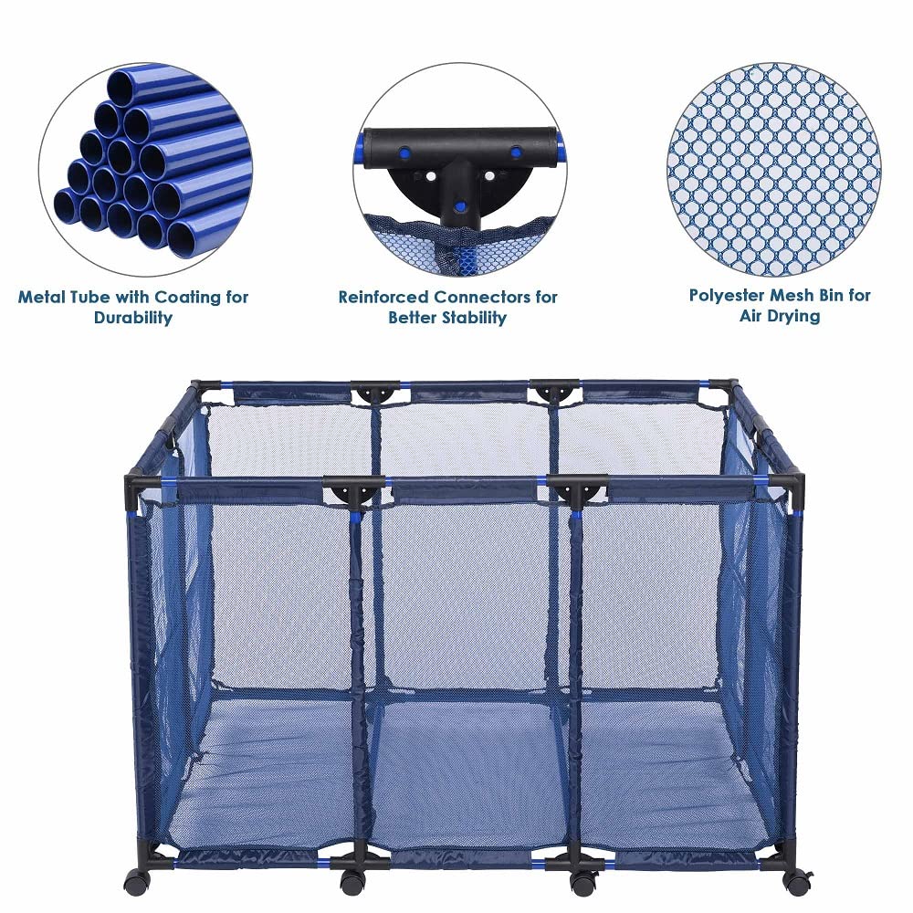 ZeHuoGe Rolling Mesh Pool Storage Bin, Metal Tube with Coating, Air Dry Items Quickly & Easily Roll The Mesh Storage Bins to Home Garage or Shed (48"x30"x34", Blue)