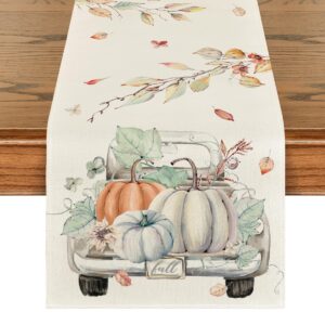 artoid mode pumpkins truck leaves fall table runner, seasonal autumn kitchen dining table decoration for home party decor 13x72 inch