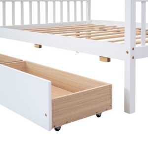 Full Size House Bed for Kids, Montessori Bed Full Size Platform Bed Frame with 2 Drawers, Headboard and Footboard, Solid Wood Full Storage Bed for Girls & Boys (Full, White)