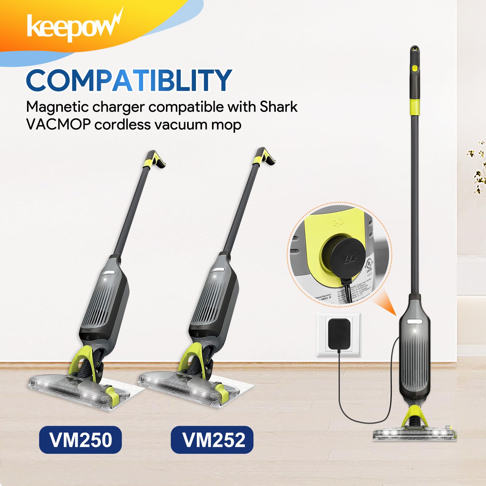 KEEPOW Vacmop Charger Replacement for Shark VM252 VM252C QM250 Vacmop Cordless Hard Floor Vacuum Mop, 13.3V Magnetic Power Cord Charger