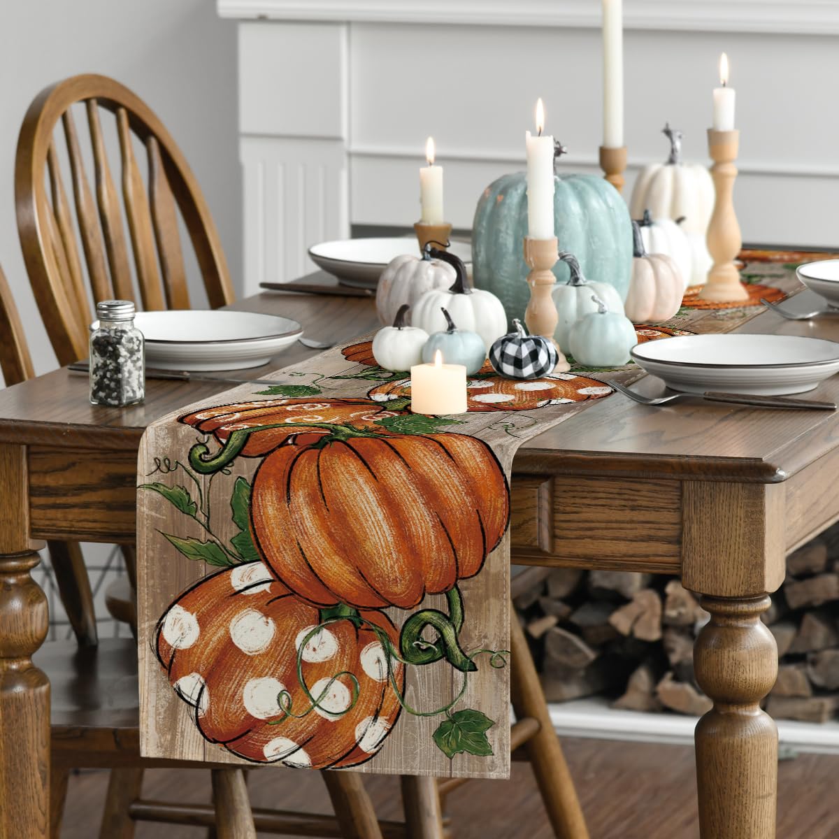 Artoid Mode Polka Dot Pumpkins Vine Fall Table Runner, Seasonal Autumn Thanksgiving Kitchen Dining Table Decoration for Home Party Decor 13x72 Inch