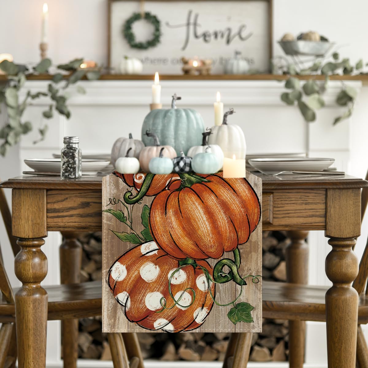 Artoid Mode Polka Dot Pumpkins Vine Fall Table Runner, Seasonal Autumn Thanksgiving Kitchen Dining Table Decoration for Home Party Decor 13x72 Inch