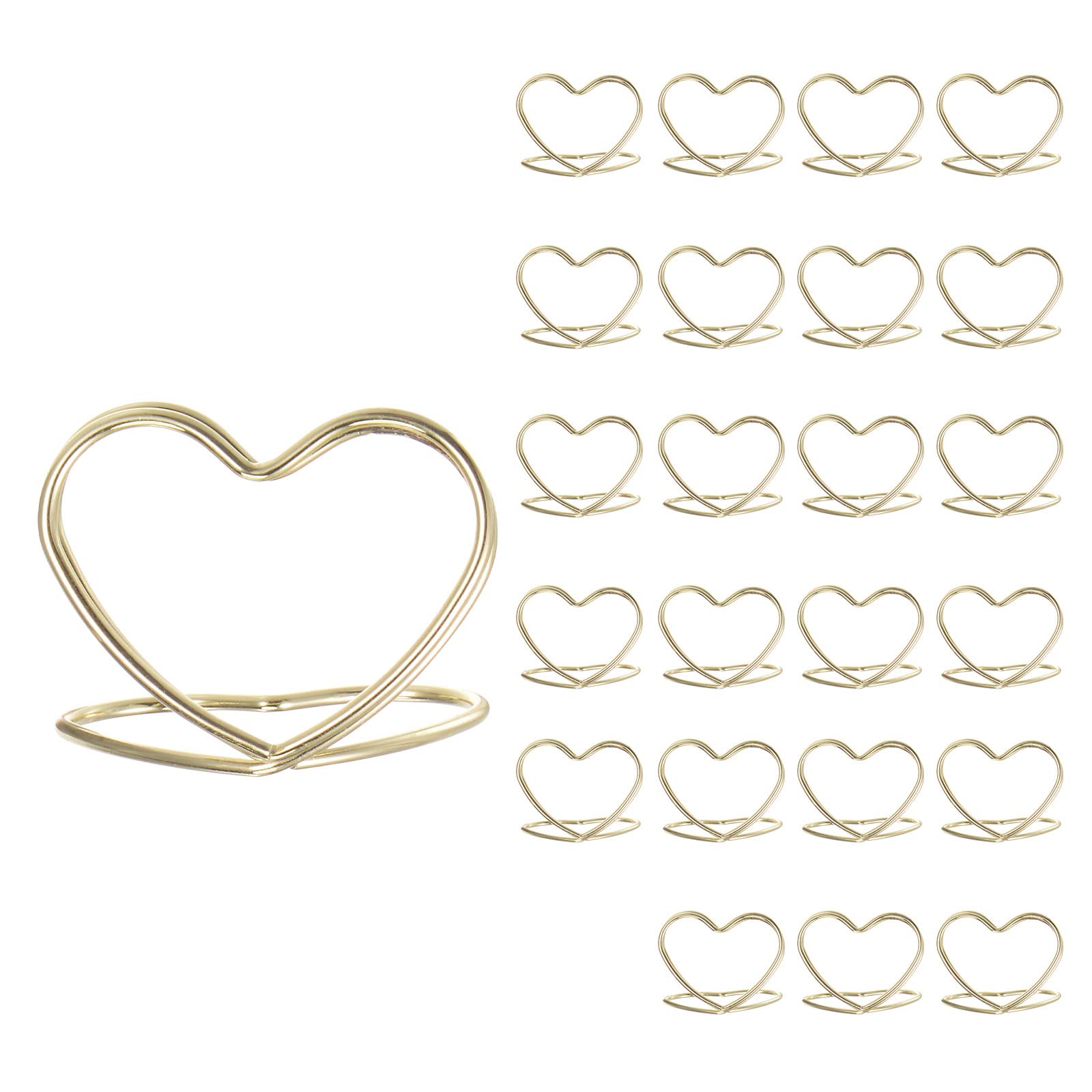 HARFINGTON 24pcs Table Number Holders 1.18 Inch 30mm Tall Double Heart Shape Steel Photo Holders for Centerpieces Table Place Card Holders for Wedding Reception Party Office Home, Gold Tone