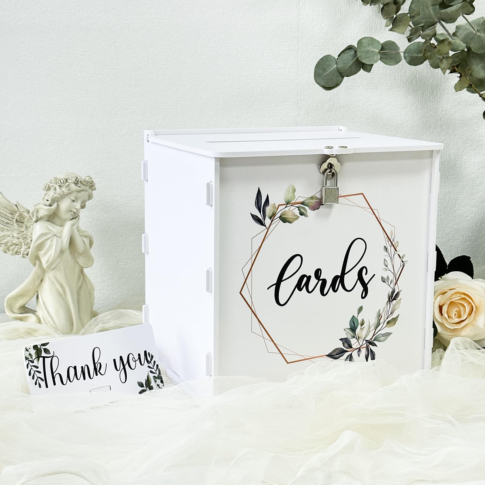 OurWarm White Wedding Card Box with Lock, PVC Gift Card Box for Wedding Reception, Eucalyptus DIY Wedding Envelope Money Card Box for Party Graduation Baby Shower Birthday Decorations