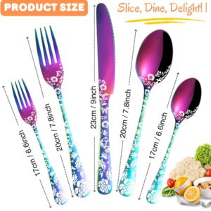 Vilihkc 20 piece Peony Flower Pattern Design Silverware Set, Stainless Steel Flatware Set Service for 4,Colorful Cutlery Set, Mirror Polished Utensil Set for Kitchen, Dishwasher Safe