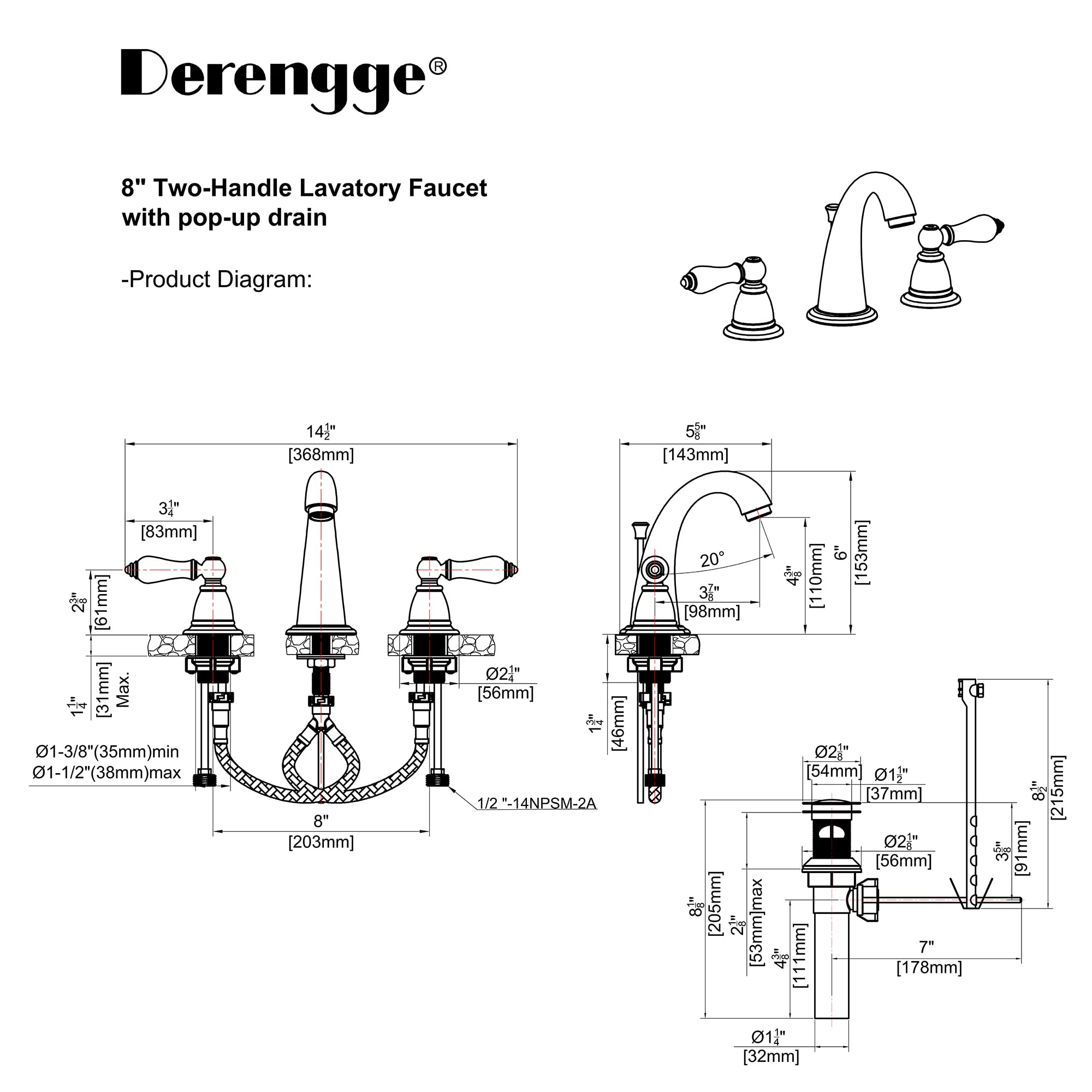 Derengge Oil Rubbe Bronze Widespread Bahtoom Sink Faucet with Drain Assembly,8 Inch Bathroom Faucet 3 Hole Lavatory Faucet,F-9301-ORB