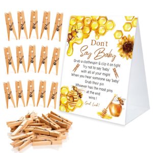 don't say baby game for baby shower clothespin game, one 5x7 coated paper sign and 50 natural clothespins, honey bee baby shower, honey bee theme, gender neutral -ndsbb46