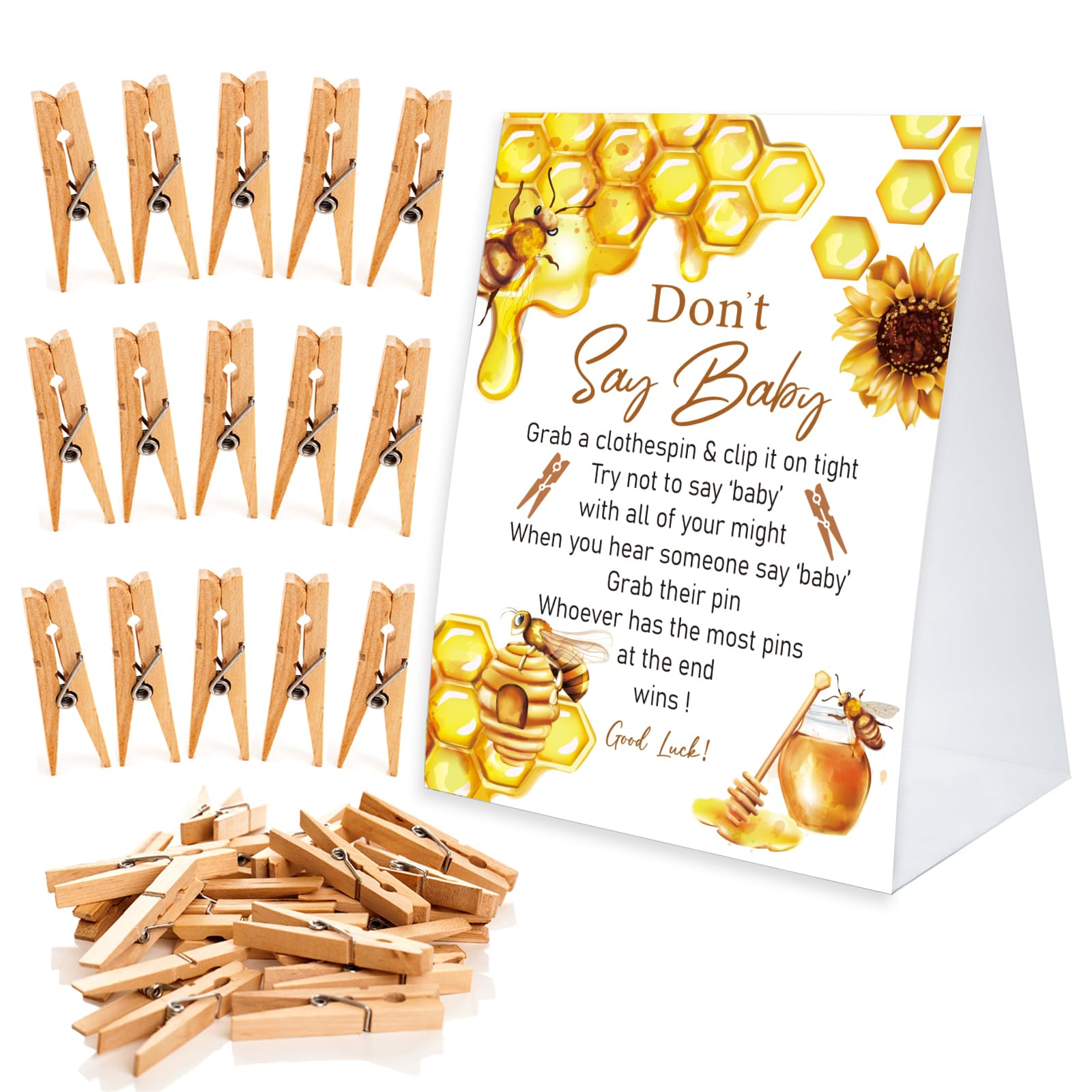 Don't Say Baby Game for Baby Shower Clothespin Game, One 5x7 Coated Paper Sign and 50 Natural Clothespins, Honey Bee Baby Shower, Honey Bee Theme, Gender Neutral -NDSBB46