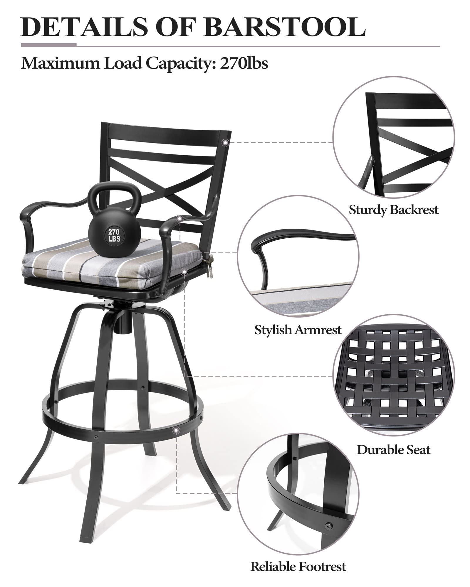 Crestlive Products Outdoor Swivel Bar Stools Set of 4, Patio Cast Aluminum Bar Stools with Sunbrella Cushion, Bar Height Chairs for Lawn, Garden, Backyard, Pool, Milano Char