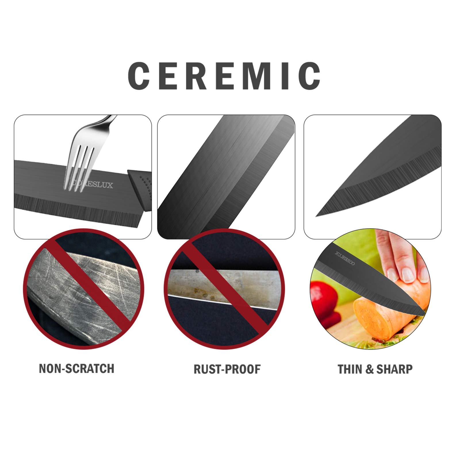 Ceramic Knife Set with Holder, Five Pieces 6"Chef Knife, 5"Utility Knife, 4"Fruit Knife, 3"Paring Knife, 1''Fruit Peeler, Rust Proof & Stain Resistant, Ceramic Kitchen Chef Knife Sharp Set (Black)