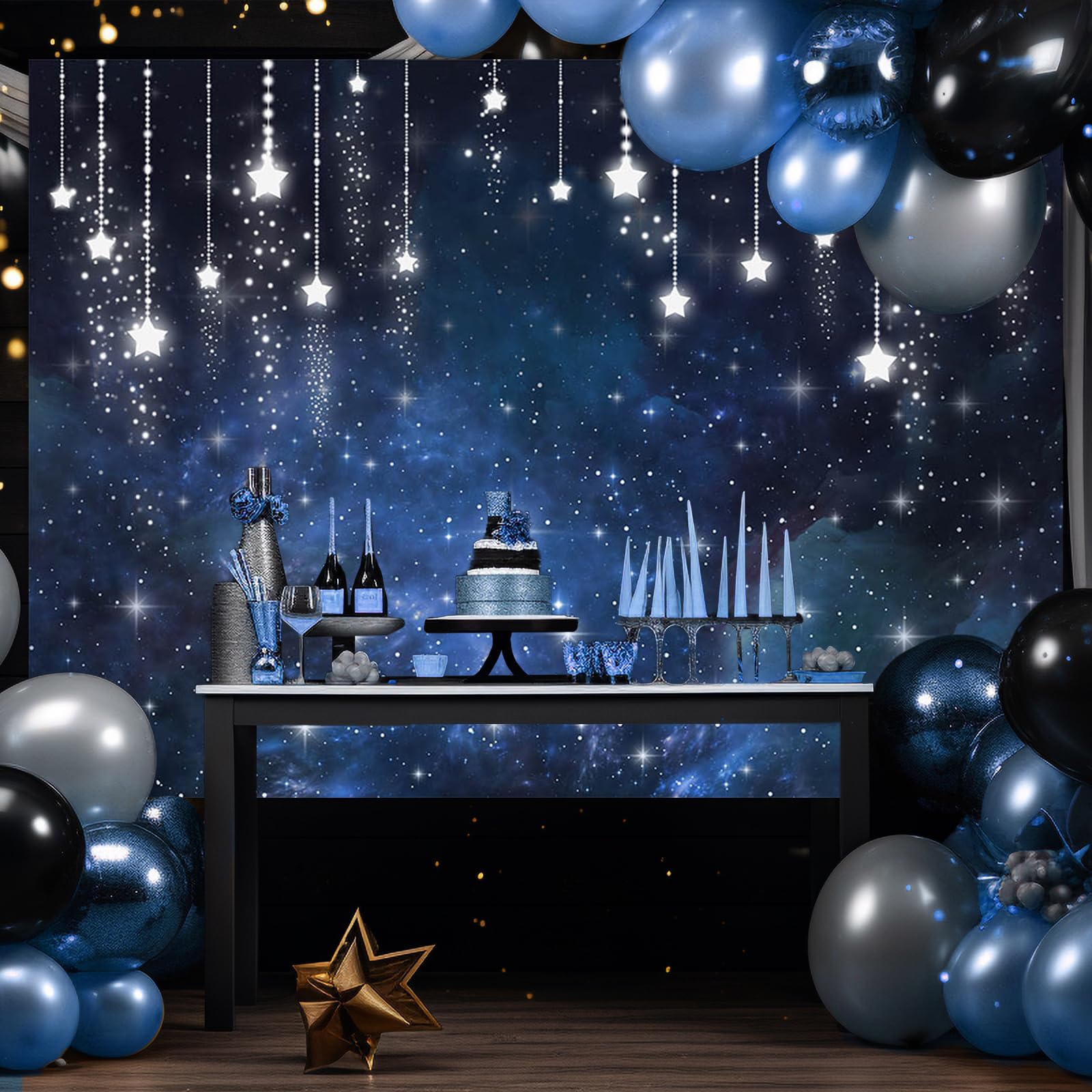 Avezano Starry Night Sky Backdrops Under The Stars Prom Party Background Universe Space Theme Birthday Party Backdrop Shining Twinkle Stars Newborn Baby Shower Banner Decorations (Blue, 83x59in)