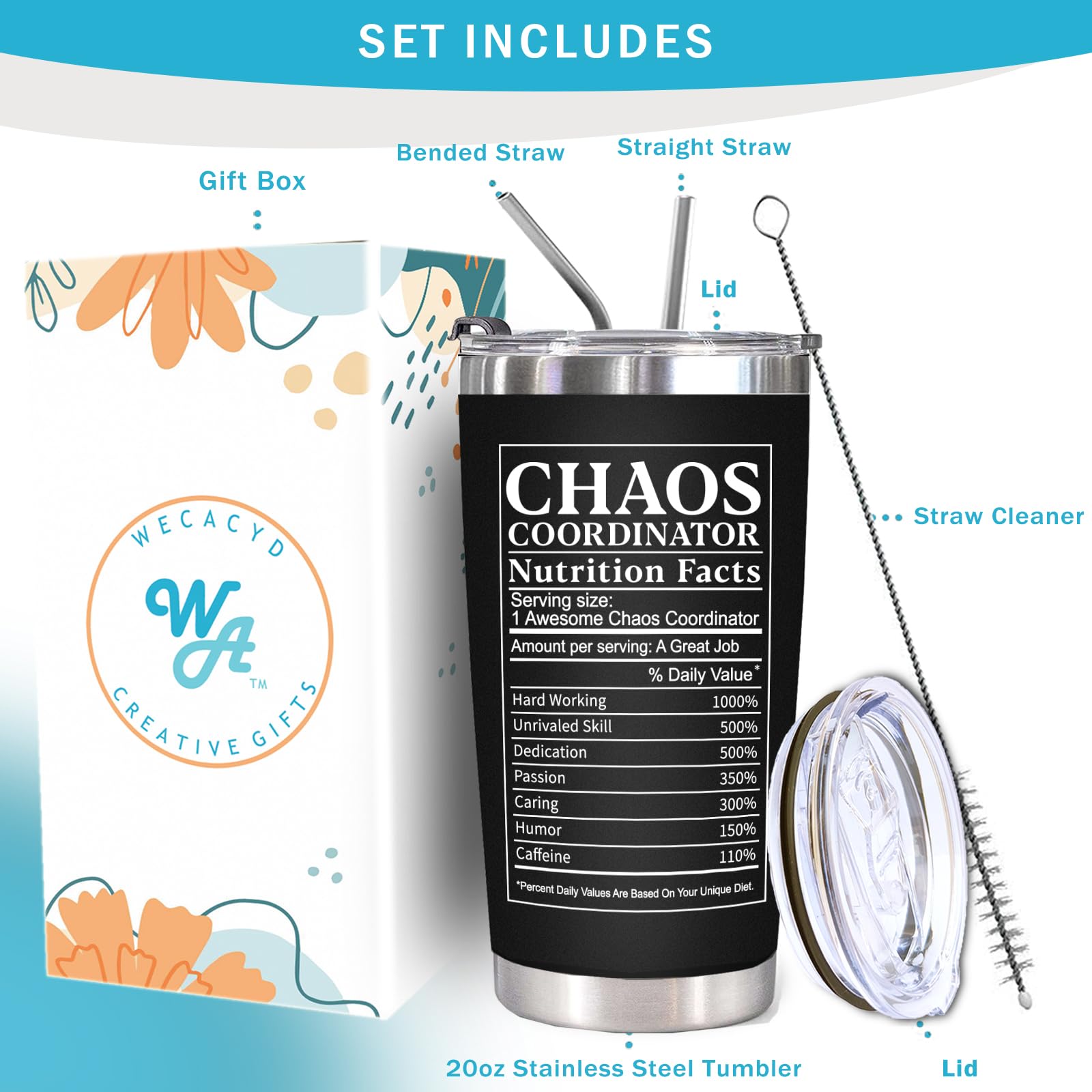 WECACYD Boss Gifts for Men, Chaos Coordinator Tumbler - Chaos Coordinator Gifts, Thank You Gifts for Women, Birthday Gifts for Dad, Boss, Coworker, Manager, Teacher, Friends - 20 oz Tumbler Black