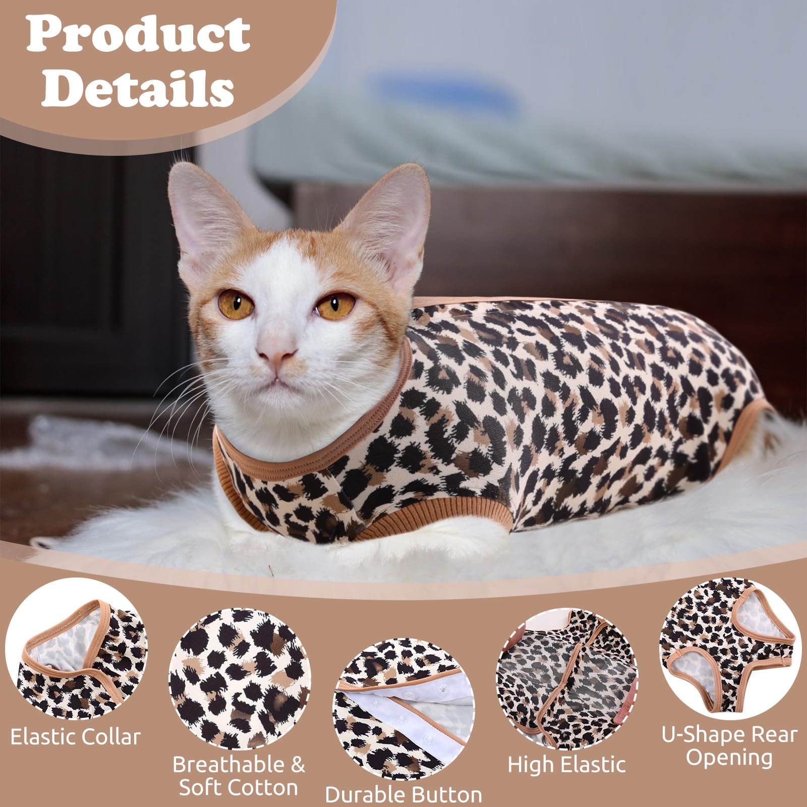 SAWMONG Cat Recovery Suit After Surgery Recovery Shirt Breathable E-Collar Alternative Non-Lick Pet Body Suit,Brow Leopard L