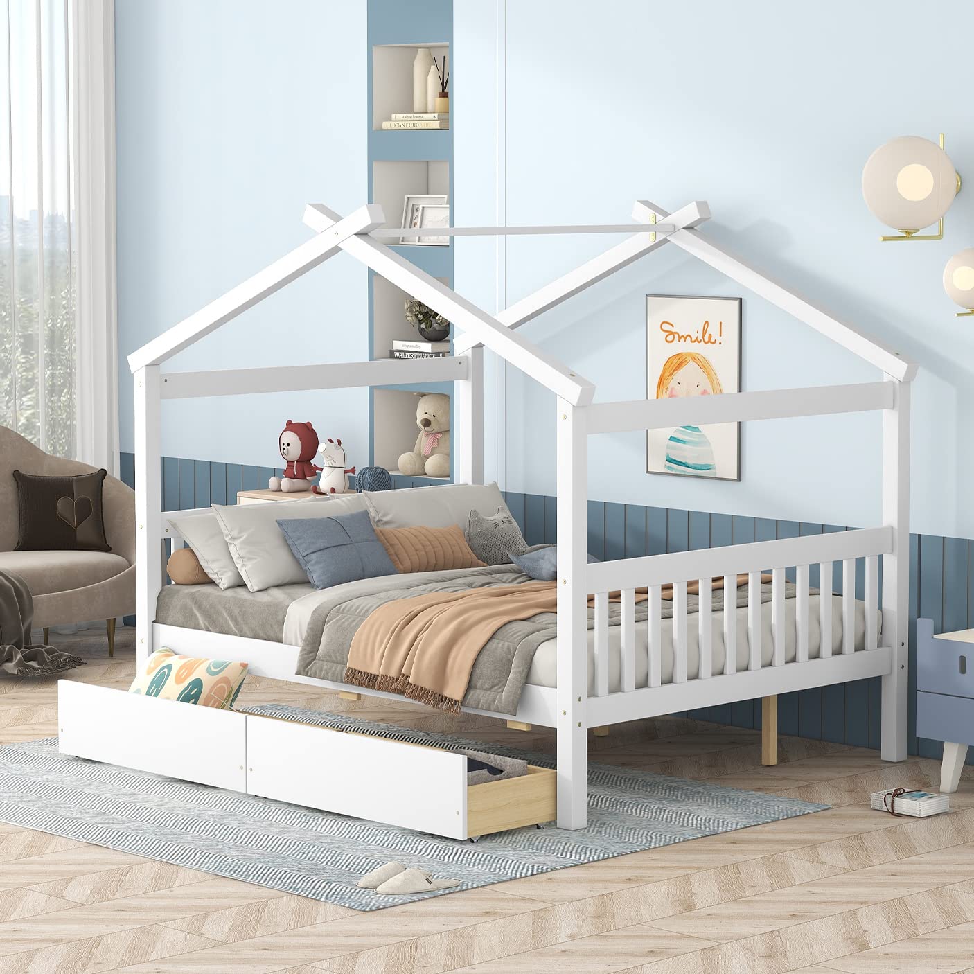 Full Size House Bed for Kids, Montessori Bed Full Size Platform Bed Frame with 2 Drawers, Headboard and Footboard, Solid Wood Full Storage Bed for Girls & Boys (Full, White)