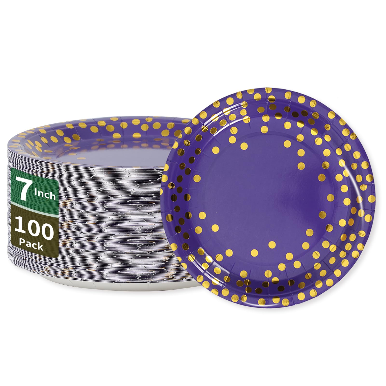 CENLBJ Purple and Gold Paper Plates,7INCH Purple Dessert Party Plates,Purple Foil Polka Dots Paper Plates for Birthdays,Graduation,Mardi Gras,Bridal Parties(100 PCS)