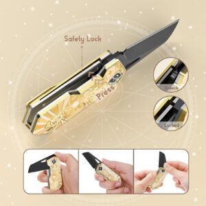 GVDV Small Pocket Knife, 1.57" Blade 9Cr19Mov Steel Mini Pocket Knives & Folding Knives, Front Flipper EDC Knives for Men Women, 12 Constellations Aries